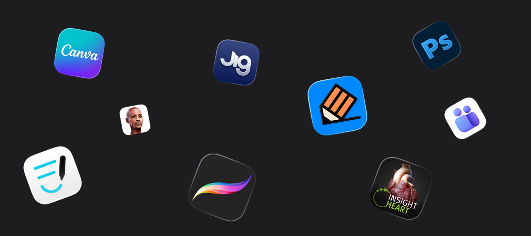 Una serie di icone di app partner con Goodnotes, Canva, Complete Anatomy, Procreate, JigSpace, Notability, INSIGHT HEART, Adobe Photoshop e Microsoft Teams