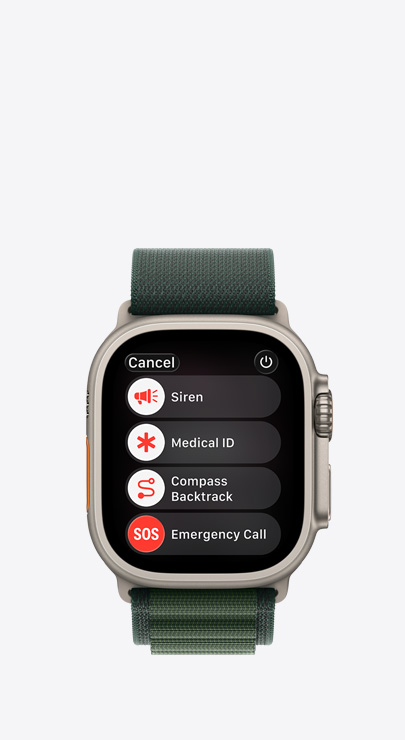 An Apple Watch with a list of emergency features: Siren, Medical ID, Compass Backtrack and Emergency Call
