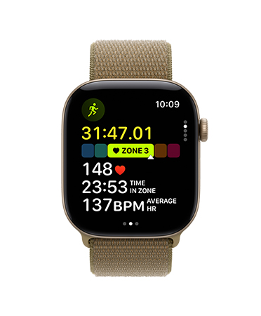 Apple Watch Series 12, aluminium case, light gold colour, Outdoor Run workout open, heart rate in Heart Zone 3, Sport Loop band, olive colour (brownish-green)