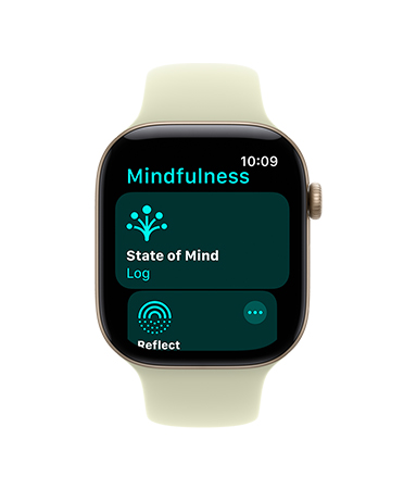 Apple Watch Series 12, aluminium case, light gold colour, Mindfulness app open, Sport Band, pale succulent colour (light yellow-green)