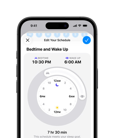 iPhone, Health app open to sleep schedule, bedtime set to 10:30 pm, wake up set to 6:00 am, radial time dial in centre screen, 7 hr 30 min sleep goal met