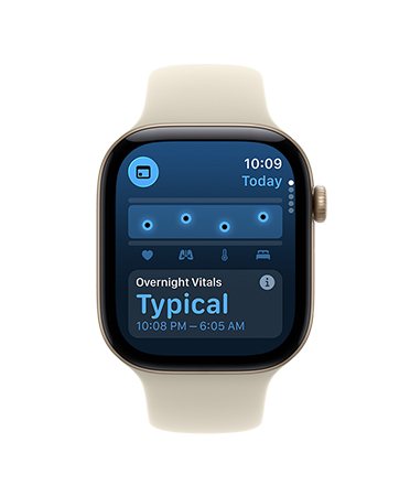 Apple Watch Series 12, aluminum case, space grey colour, Vitals app, chart scoring health, overnight vitals typical notification, Sport Band, sand colour (pale tan)