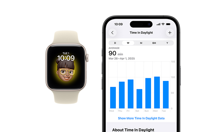 Apple Watch SE 3, casing aluminium, warna putih pucat metalik, wajah jam Memoji, iPhone, tab berbagi kesehatan dengan waktu Sinar matahari
