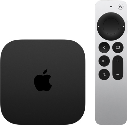 Apple TV 4K, 블랙 색상, 윗면 외관. 실버 색상 Siri Remote가 함께 보입니다