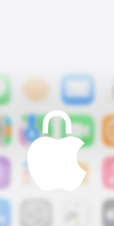 โลโก้ความเป็นส่วนตัวของ Apple พร้อมไอคอนตัวล็อค, สีขาวบนพื้นหลังที่เบลอ, แอปต่างๆ บนหน้าจอโฮม