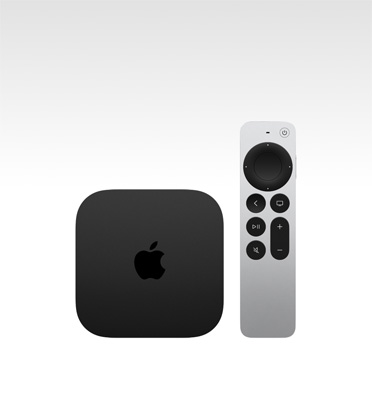 Apple TV 4K, สีดำ, ภายนอกด้านบน, แสดงพร้อมกับ Siri Remote, สีเงิน