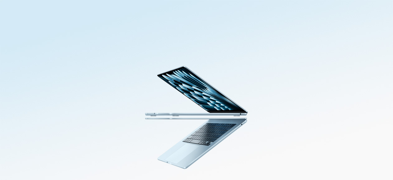 兩部掀開的天藍色 MacBook Air 筆電組成箭頭形狀，強調纖薄外觀