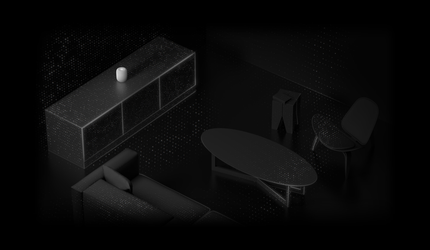 Animazione del rilevamento della stanza. HomePod è posizionato su un mobile in una stanza. Particelle luminose animate che rappresentano il suono emanano dal HomePod, propagandosi sugli altri oggetti nella stanza: un divano, un tavolino, un tavolino laterale e una sedia.