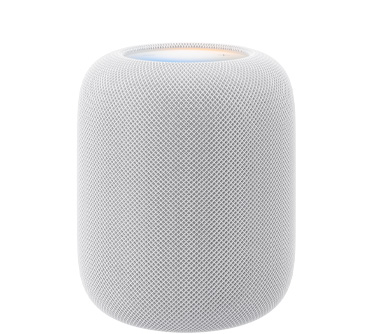 HomePod (2. gen.) i hvit vises forfra. Den har sylindrisk design og sømløst akustisk nettingstoff. Den flate berøringsflaten vises ovenfra med flerfarget bakbelysning.