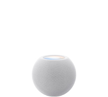 HomePod mini 2 i hvit vises forfra. Den har en kompakt globusform med sømløst akustisk nettingstoff. Flat berøringsflate vises ovenfra, den har flerfarget bakbelysning.