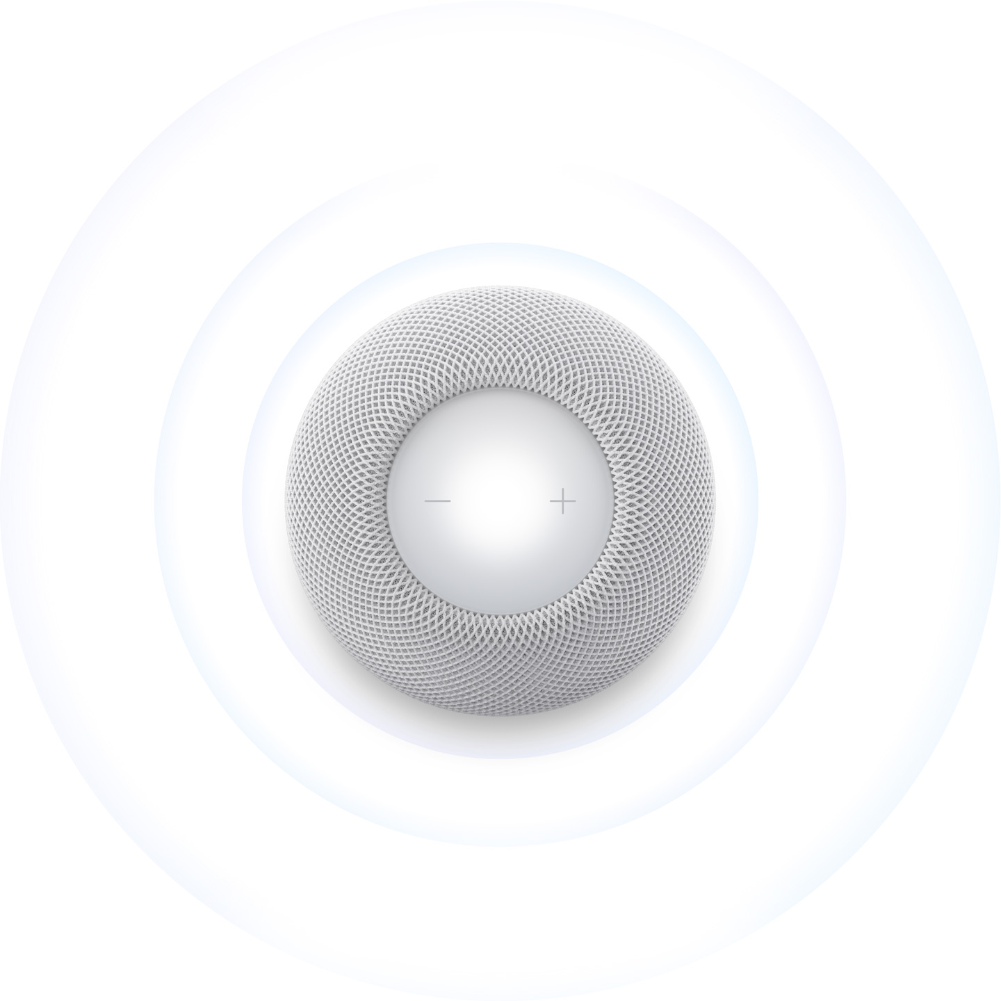 HomePod mini 2 i hvit vist ovenfra med myke, blå lydbølger som stråler utover fra høyttaleren.