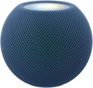 HomePod mini 2 i blå (mørkeblå) vist forfra med kompakt sfærisk design og akustisk netstof uden syninger. Flad baggrundsbelyst touch-overflade vist ovenfra med flerfarvet belysning
