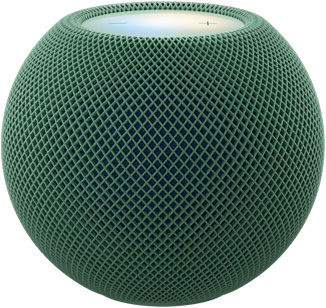 HomePod mini 2 i grøn (mørkegrøn) vist forfra med kompakt sfærisk design og akustisk netstof uden syninger. Flad baggrundsbelyst touch-overflade vist ovenfra med flerfarvet belysning