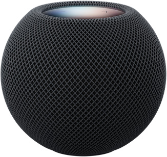 HomePod mini 2 i farven midnat vist forfra med kompakt sfærisk design og akustisk netstof uden syninger. Flad baggrundsbelyst touch-overflade vist ovenfra med flerfarvet belysning