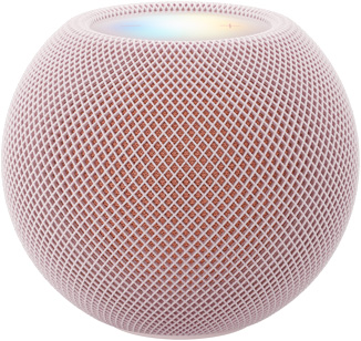HomePod mini 2 i lyserød vist forfra med kompakt sfærisk design og akustisk netstof uden syninger. Flad baggrundsbelyst touch-overflade vist ovenfra med flerfarvet belysning