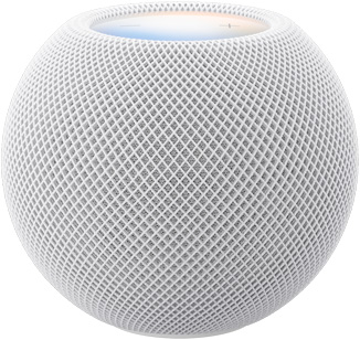 HomePod mini 2 i hvid vist forfra med kompakt sfærisk design og akustisk netstof uden syninger. Flad baggrundsbelyst touch-overflade vist ovenfra med flerfarvet belysning