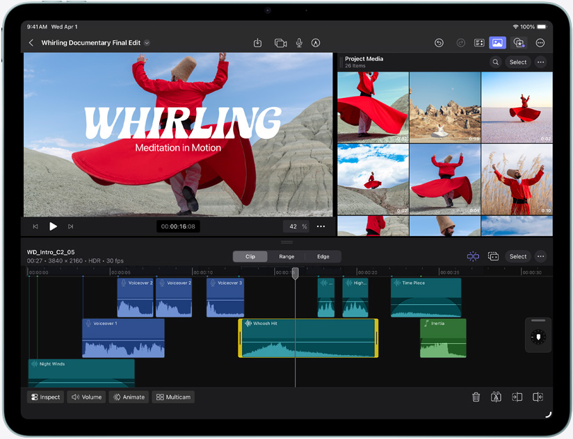 iPad Air, face avant, mettant en avant le montage vidéo dans Final Cut Pro