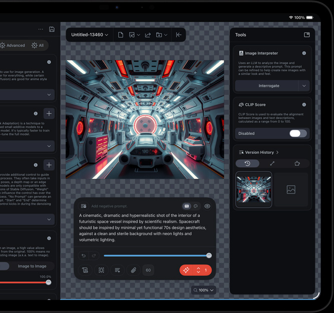 iPad Pro, face avant, écran affichant le montage d’une séquence de vaisseau spatial futuriste à l’aide de divers outils de montage et de fonctions d’IA ouvertes, notamment Image Interpreter et CLIP Score