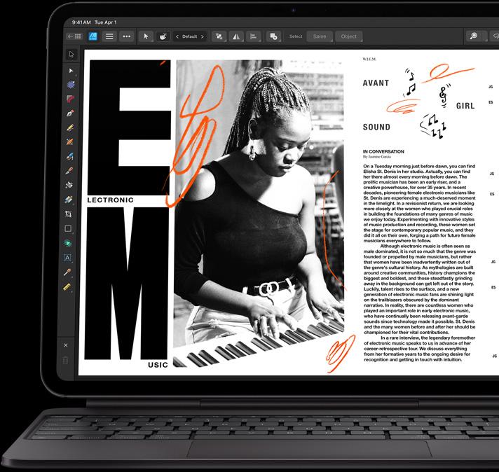 iPad Pro, esikülg, horisontaalpaigutus, kosmosemust värv, ühendatud Magic Keyboardiga, avatud, esikülg, horisontaalpaigutus, must värv, iPad Pro ekraanil toimetatakse artiklit