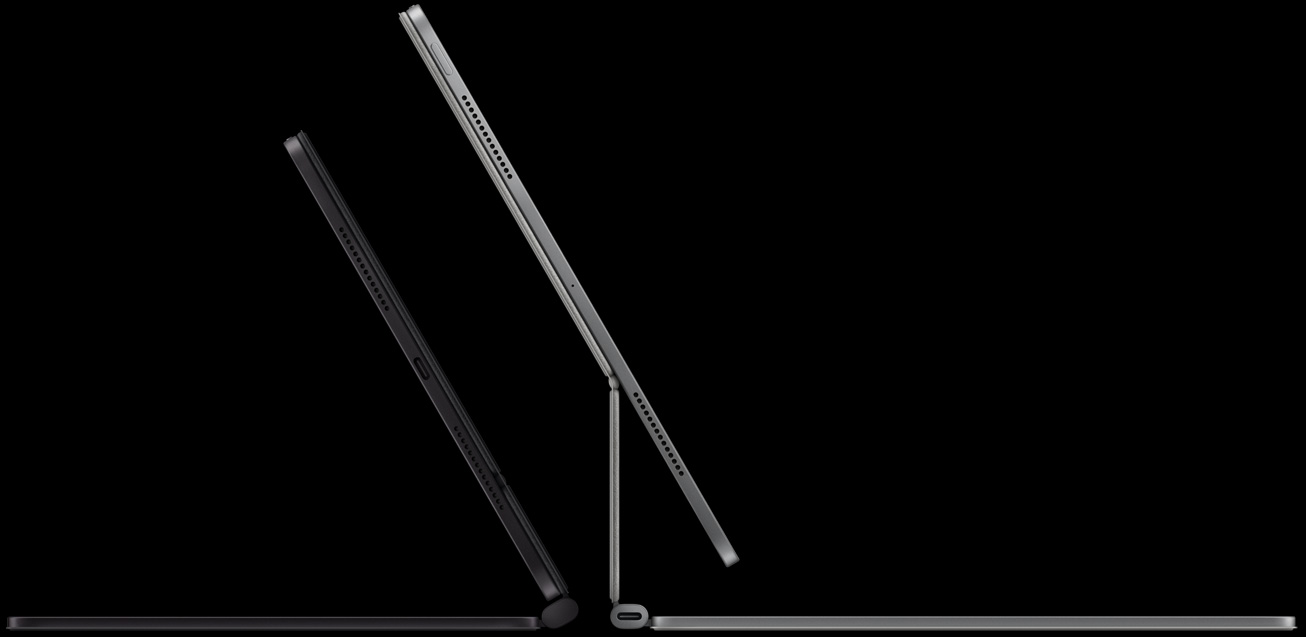Kaks iPad Pro seadet ühendatud Magic Keyboardiga, vasakul: iPad Pro, külg, kosmosemust värv, mikrofonid, ühendatud Magic Keyboardiga, külg, kosmosemust värv, õhuke profiil, iPad Pro 45-kraadise nurga all, paremal: iPad Pro, külg, hõbedane värv, mikrofonid, ühendatud Magic Keyboardiga, külg, hõbedane värv, iPad Pro 45-kraadise nurga all näitamas klaviatuuri hõljuklahendusega disaini ja USB‑C liidest