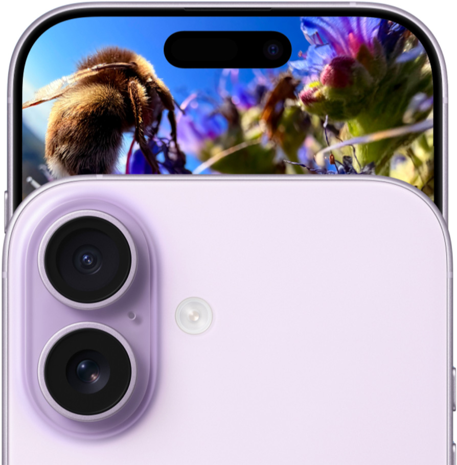 Parte frontal del iPhone 17 con sistema de dos cámaras Fusion, parte posterior, color lavanda.