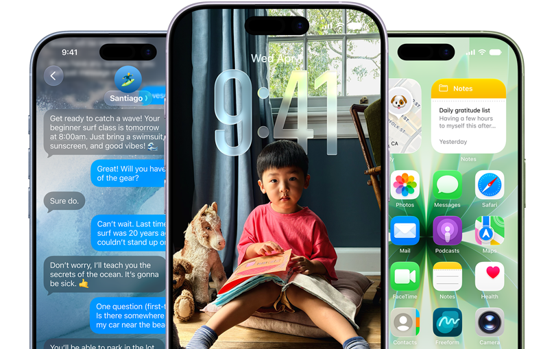 Συσκευές iPhone 17, εξωτερική μπροστινή όψη, χρώματα: γκρι μπλε, λεβάντα, φασκόμηλο, λειτουργίες iOS, παρασκήνιο με μηνύματα, Liquid Glass που εμφανίζει την Οθόνη Κλειδώματος και την Οθόνη Αφετηρίας με διάφορα apps