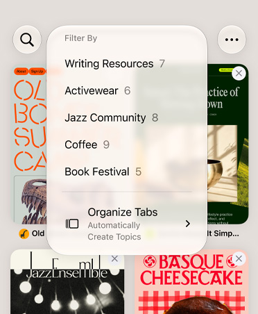 Pestañas abiertas en Safari con diferentes sitios web de comida y música, con un menú contextual activado que muestra filtros por tema sugeridos (Recursos de Escritura, Ropa Deportiva, Comunidad de Jazz, Café, Festival del Libro) y la opción Organizar pestañas en la parte inferior del menú