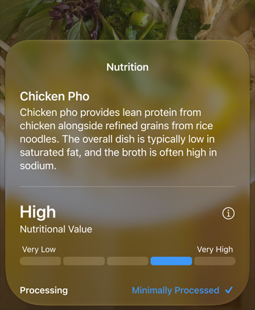 Siri AI muestra el valor nutricional del pho de pollo