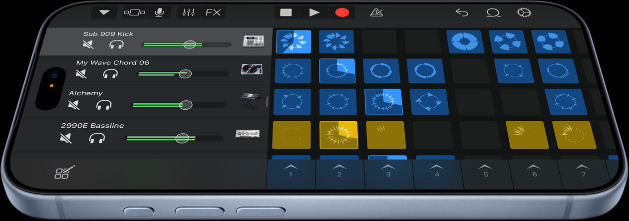 グレイシャーのiPhone 18 Pro。音楽制作アプリLogic Proのユーザーインターフェイスが表示されている