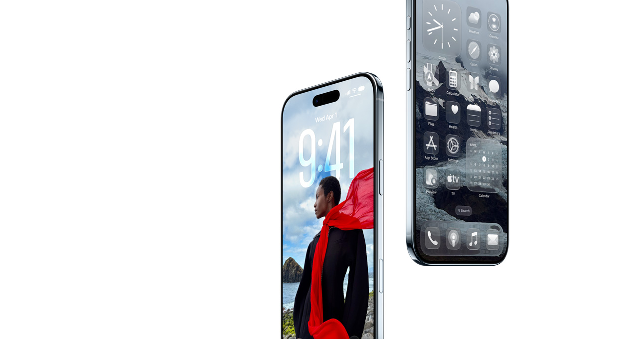 Zwei iPhone Air Geräte schweben schräg in der Luft, eines zeigt den Sperrbildschirm und das andere den Homescreen mit Apps wie Karten, Musik und Apple TV.