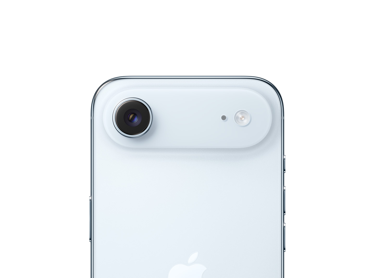 天藍色 iPhone Air 的機身背面，融合相機系統於擴展平台最上方。