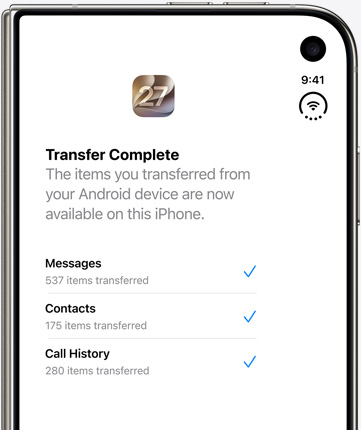iPhone 螢幕展示「轉移至 iOS」app，顯示已完成轉移