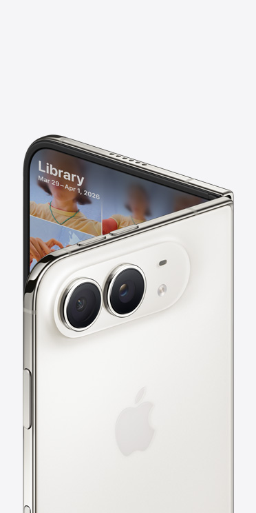 iPhone Duo, color blanco estrella, parte posterior completa, logo de Apple en el centro, sistema de dos cámaras Fusion de 48 MP, vista parcial de la pantalla interior, fototeca en la pantalla