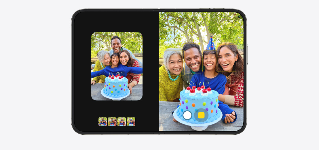 iPhone Duo, abierto en posición horizontal, varias fotos del iPhone una al lado de la otra, primer plano de un niño y tres adultos sonriendo con un pastel de cumpleaños