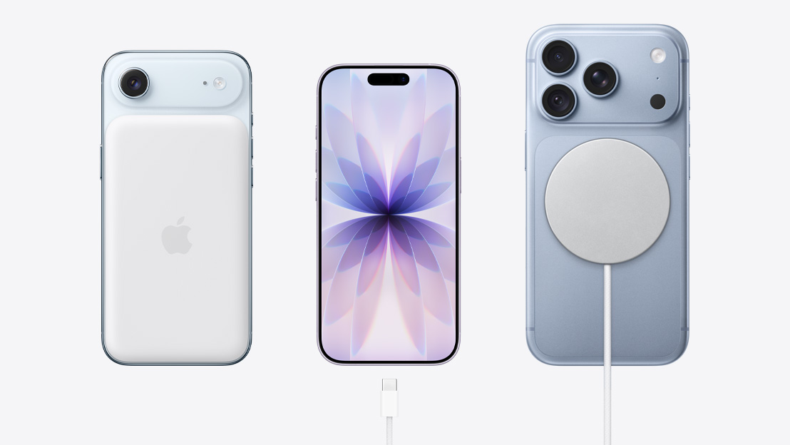 Modelos de iPhone mostrados uno al lado del otro, iPhone Air, parte posterior, color blanco nube con batería MagSafe, iPhone 17, parte frontal, fondo de pantalla genérico en la pantalla, iPhone 18 Pro, color glaciar, parte posterior, cargador MagSafe acoplado