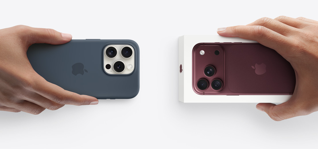 Dos manos intercambian un iPhone 17 con funda de silicón por un nuevo iPhone 18 Pro en su caja