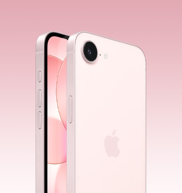 ソフトピンクのiPhone 17eの前面と背面、前面の画面の一部分と背面全体。Appleのロゴとシングルカメラが見えている。側面にはアクションボタン、音量調節ボタン、サイドボタンがある