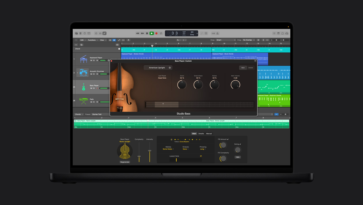 Layar MacBook Pro 16 menampilkan Upright Bass Player, jendela terbuka menampilkan kontrol Bass Studio, di sebelah kiri terdapat baris untuk Pemain Keyboard, Drummer Akustik, Pemain Bass, Pads, di bagian bawah terdapat kontrol Pemain Bass Roots Upright