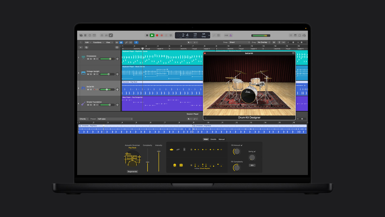 Layar MacBook Pro 16 menampilkan Drummer Akustik, jendela SoCal Kit terbuka dengan Perancang Kit Drum, di sebelah kiri terdapat baris untuk Crosswaves, Vintage Upright, SoCal Kit, Simple Foundation, di bagian bawah terdapat kontrol Drummer Akustik Pop Rock