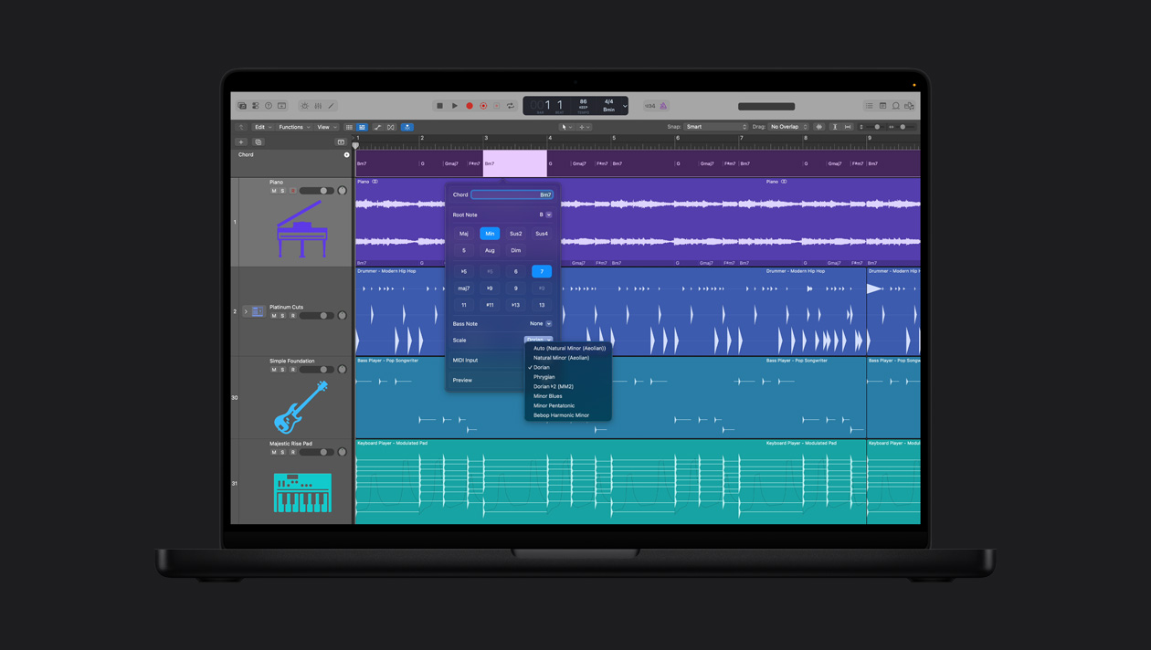 Layar MacBook Pro 16 menampilkan Track Akor, Piano, Platinum Cuts, Simple Foundation, Majestic Rise Pad, dan penyesuaian jendela Akor