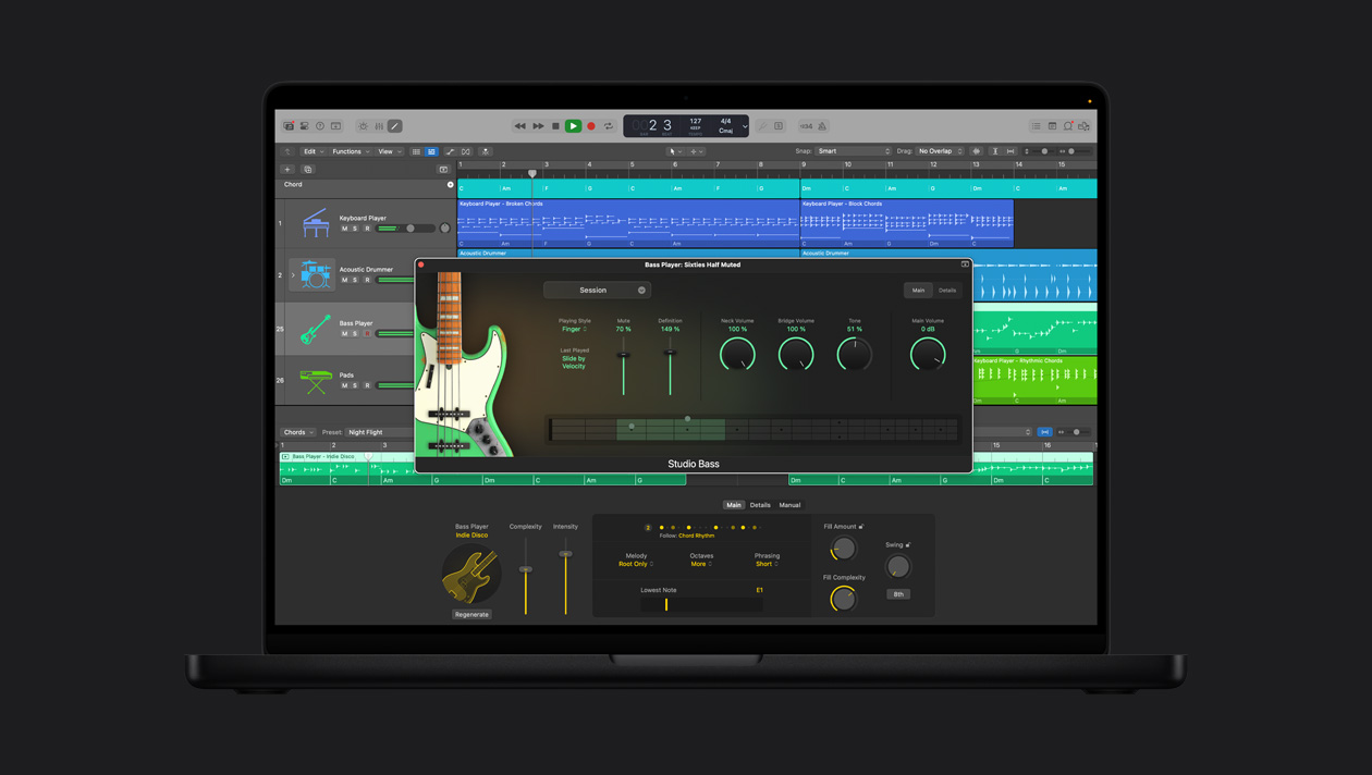 Layar MacBook Pro 16 menampilkan Pemain Sesi, pemain Bass Studio dengan gaya sixties half muted dan penyesuaian
