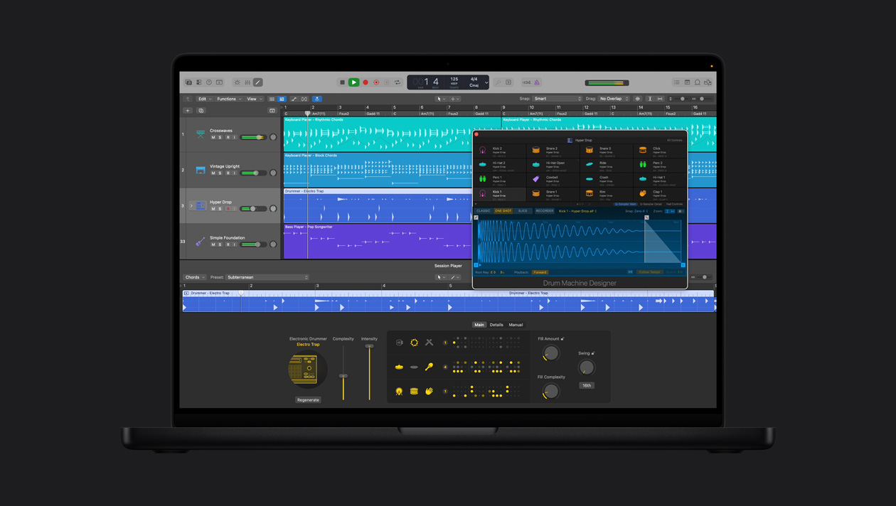 Layar MacBook Pro 16 menampilkan Drummer Elektronik, jendela Hyper Drop terbuka dengan Perancang Kit Drum, di sebelah kiri terdapat baris untuk Crosswaves, Vintage Upright, Hyper Drop, Simple Foundation, di bagian bawah terdapat kontrol Drummer Elektronik Electro Trap