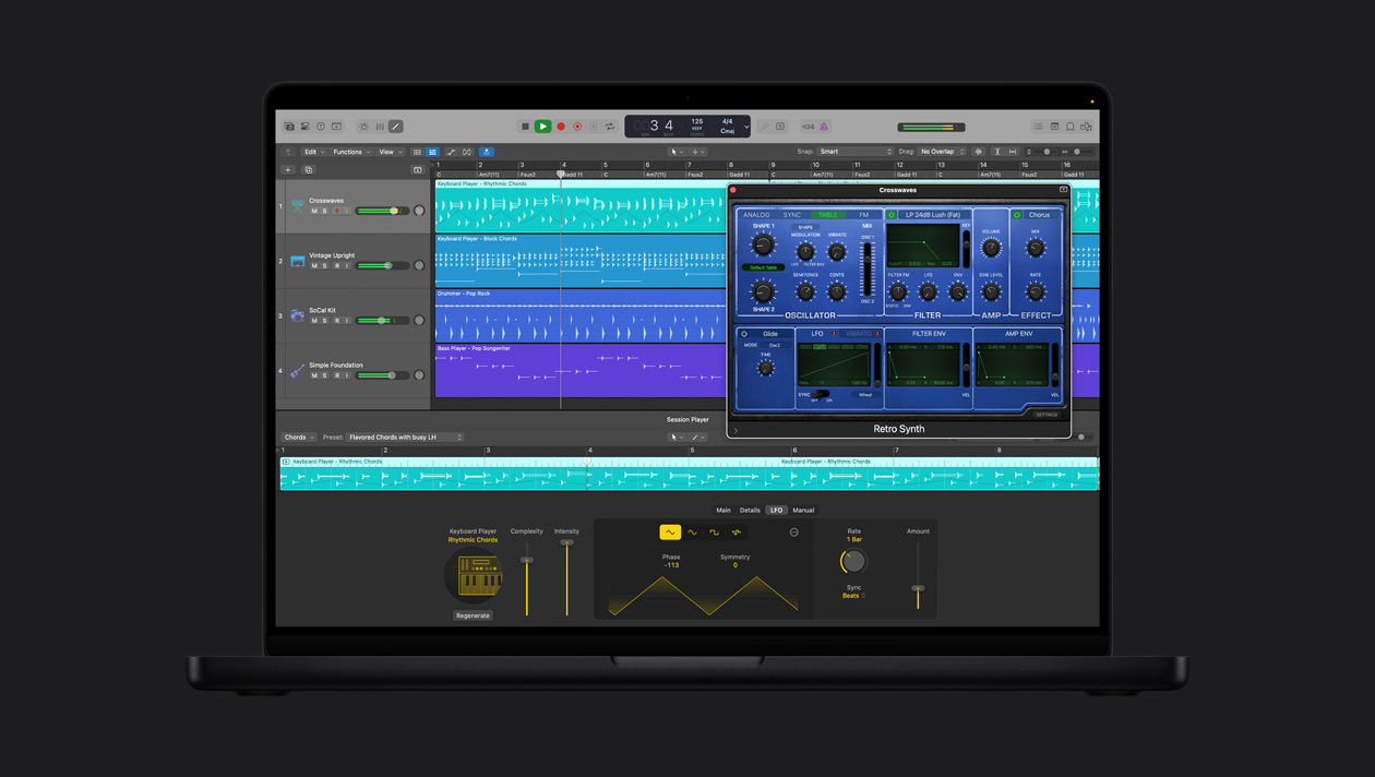 Layar MacBook Pro 16 menampilkan Synth Player, jendela Crosswaves yang terbuka dengan opsi kontrol, di sebelah kiri terlihat Vintage Upright, SoCal Kit, Simple Foundation, di bagian bawah terdapat kontrol Keyboard Player Rhythmic Chords