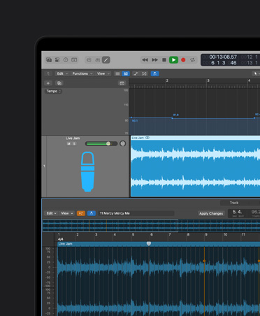 Layar MacBook Pro 16 menampilkan bentuk gelombang dengan sinkronisasi tempo