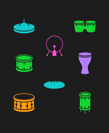 Simbol drum kit, berbagai instrumen dalam berbagai warna