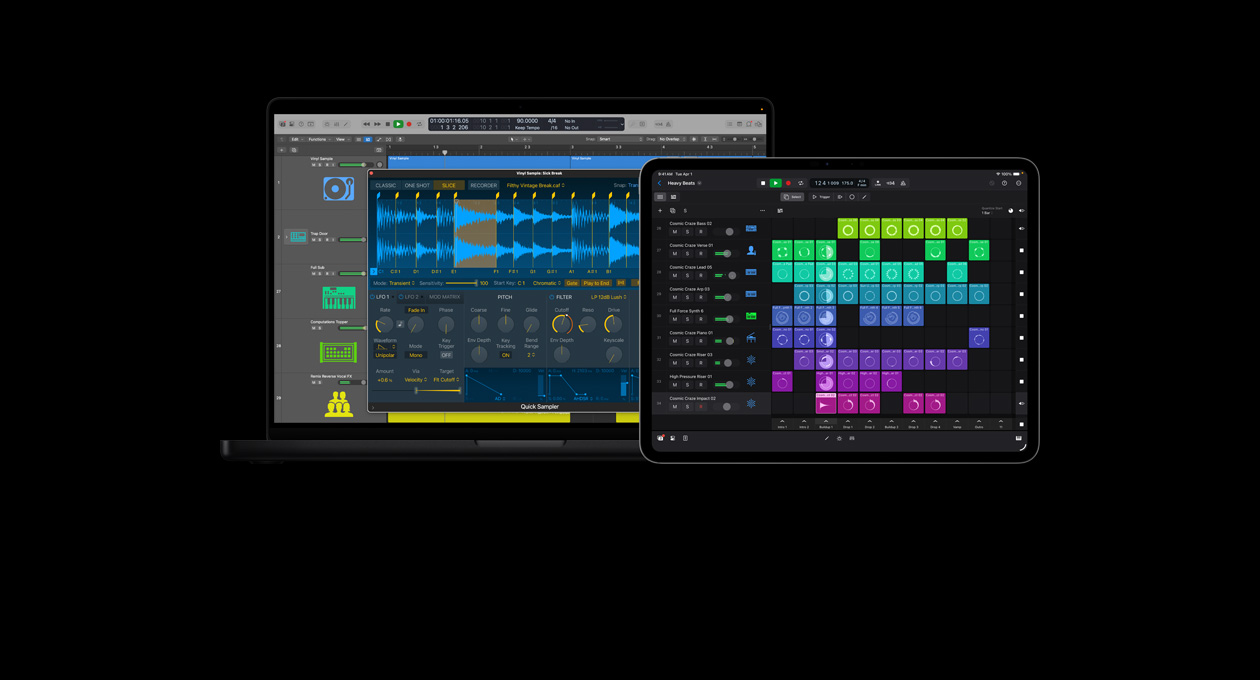 Layar MacBook Pro 16 menampilkan modul sampler cepat, sampel vinyl, bentuk gelombang audio, dan kontrol, layar iPad Pro 13 menampilkan alat pembuatan irama, grid warna-warni berisi live loop dan frasa