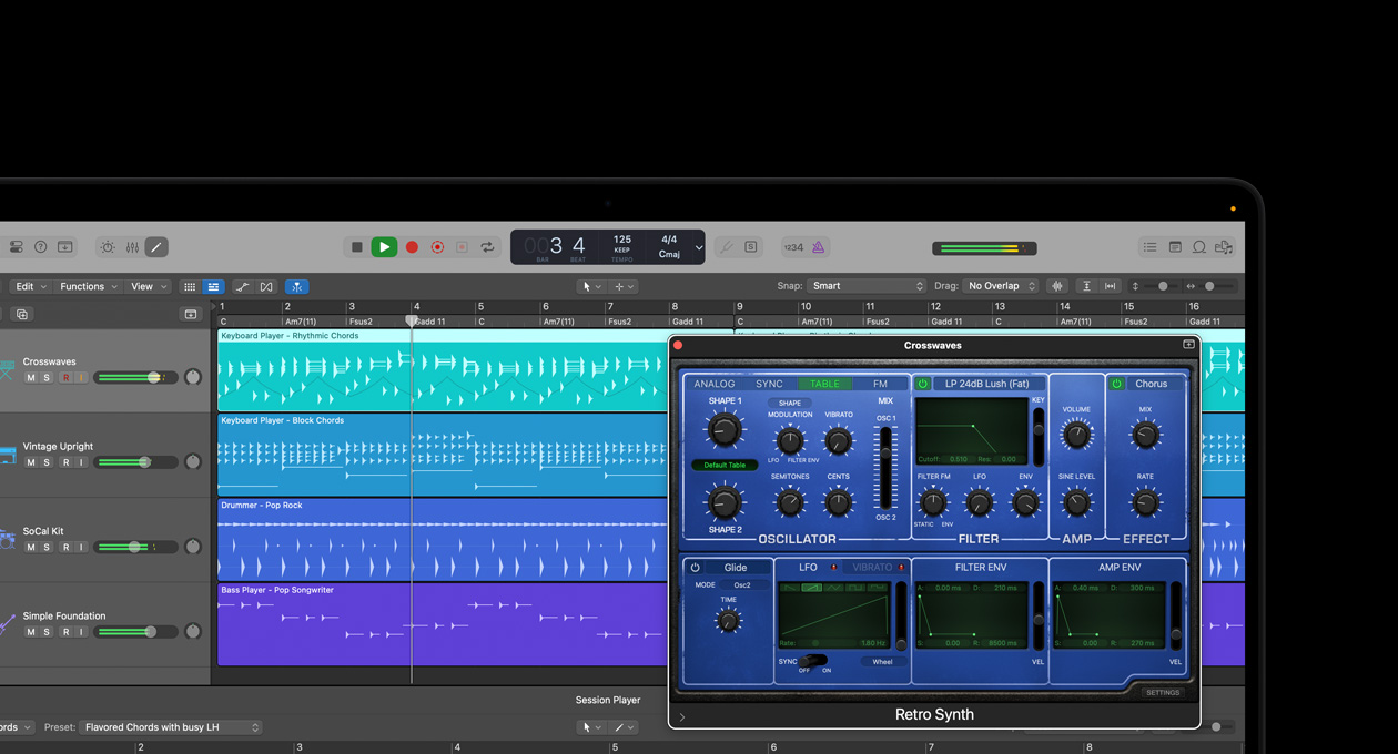 Layar MacBook Pro 16 inci menampilkan modul designer retro synth dengan kontrol untuk oscillator, filter, amp, dan efek
