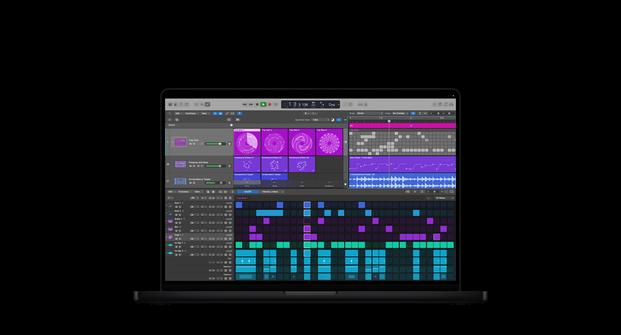 MacBook Pro 16 screen showing Logic Pro mixing board with purple and pink squares representing different audio layers and sounds, and beat making tools with different color blocks representing different percussion instruments at the bottom.