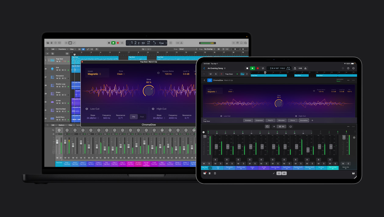 Ruang kerja iPad Pro 13 menampilkan gelombang suara di bagian atas dengan tombol putar di tengah, opsi track, kontrol instrumen di bagian bawah, layar MacBook Pro 16 menampilkan ruang kerja dengan panel loop dan instrumen di sebelah kiri, jendela ChromaGlow terbuka, kontrol audio di bagian bawah