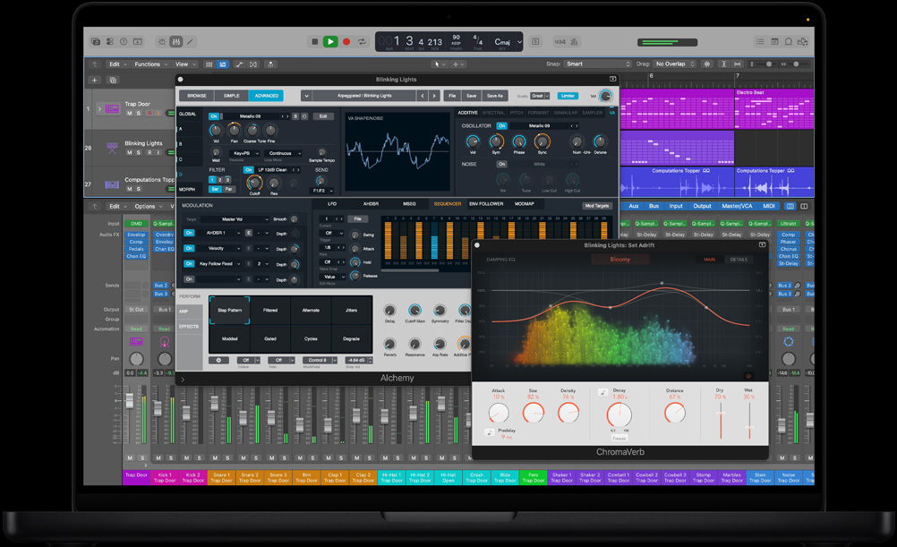 MacBook Pro 16, mixing board Logic Pro dengan modul kontrol untuk arpeggiation